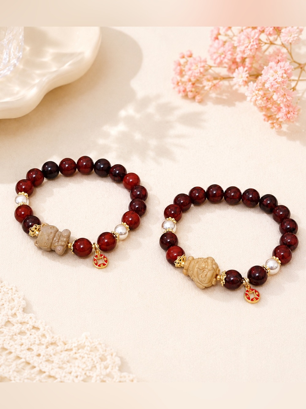 Natural Red Jasper Handmade Bracelet with Cute Alashan Agate Charm option 10mm